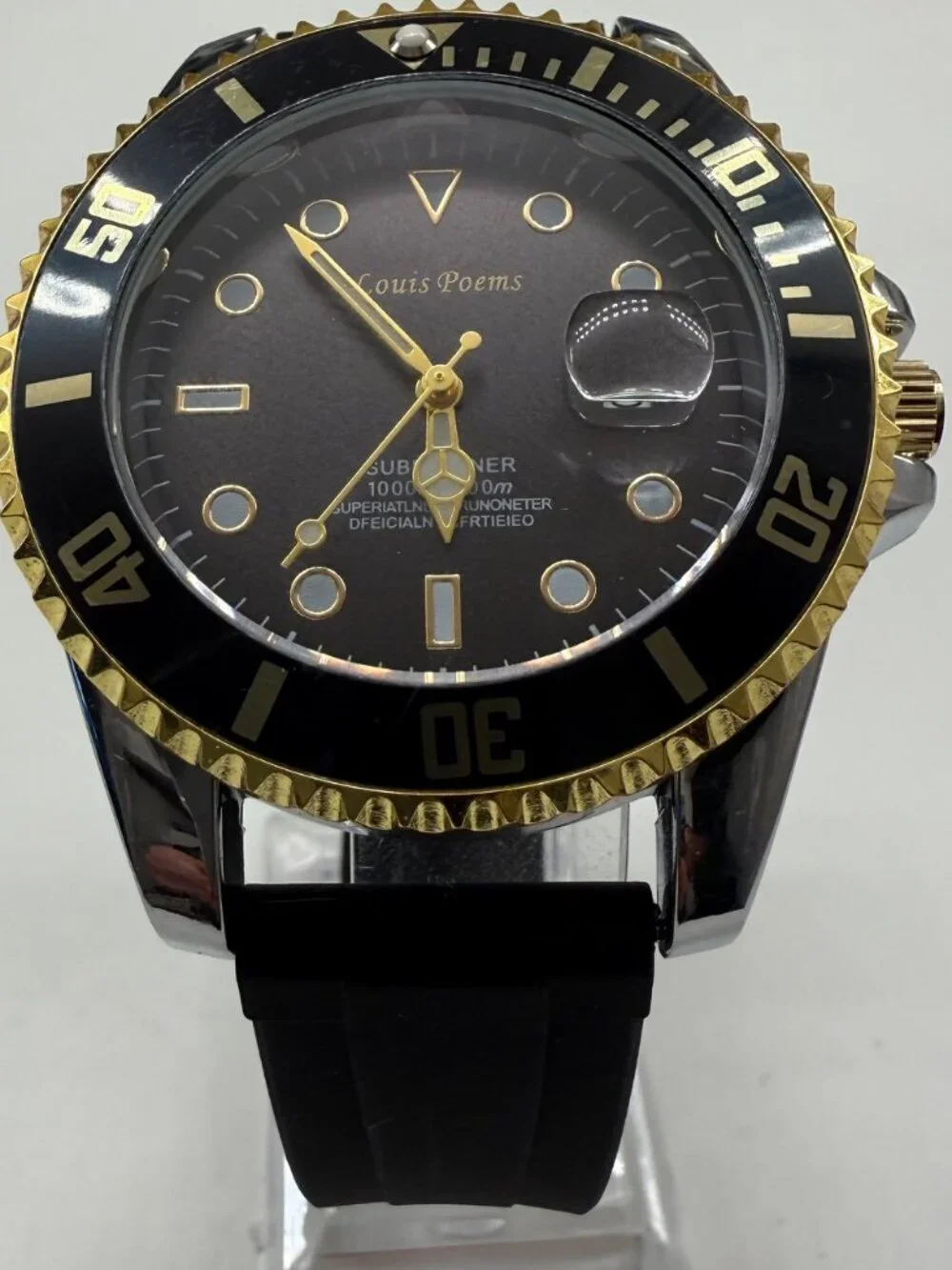 Louis Poems Diver Men's Black Gold 43mm Date Rubber Band Quartz Watch NEW
